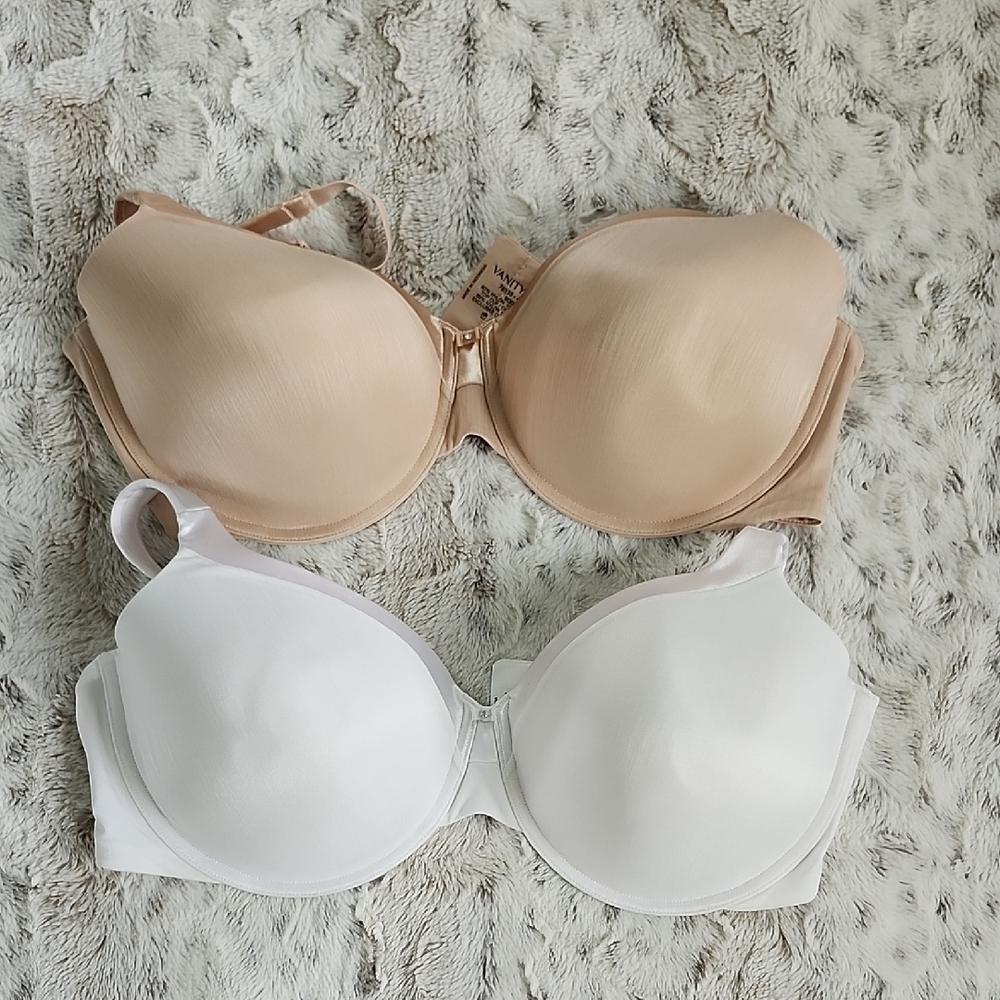 2 Vanity Fair Bras Beige & White Satin Trim 42DD NWOT